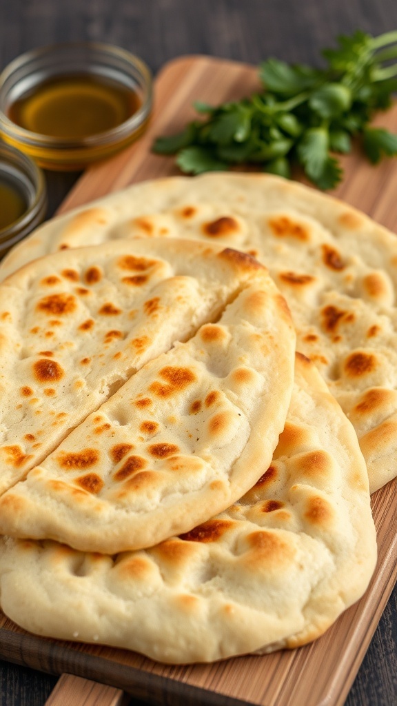 Golden-brown zero carb flatbread slices on a cutting board with herbs and olive oil.